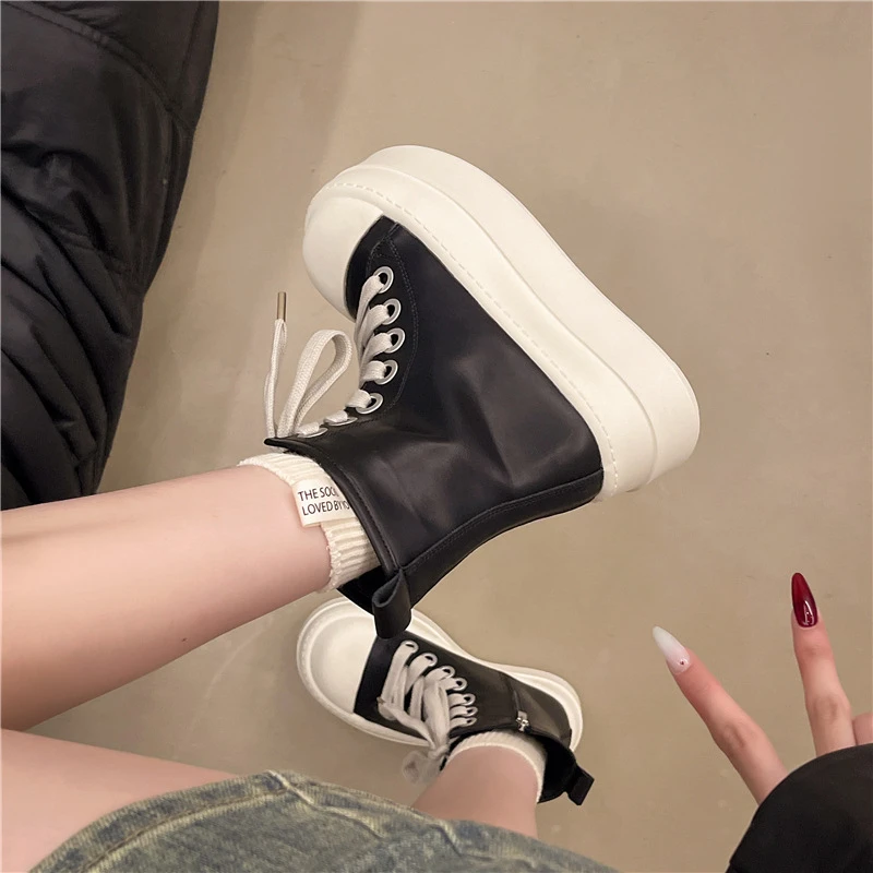 松糕鞋小个子潮圆头黑白高帮增高厚底时尚女丑萌板鞋休闲加绒大头