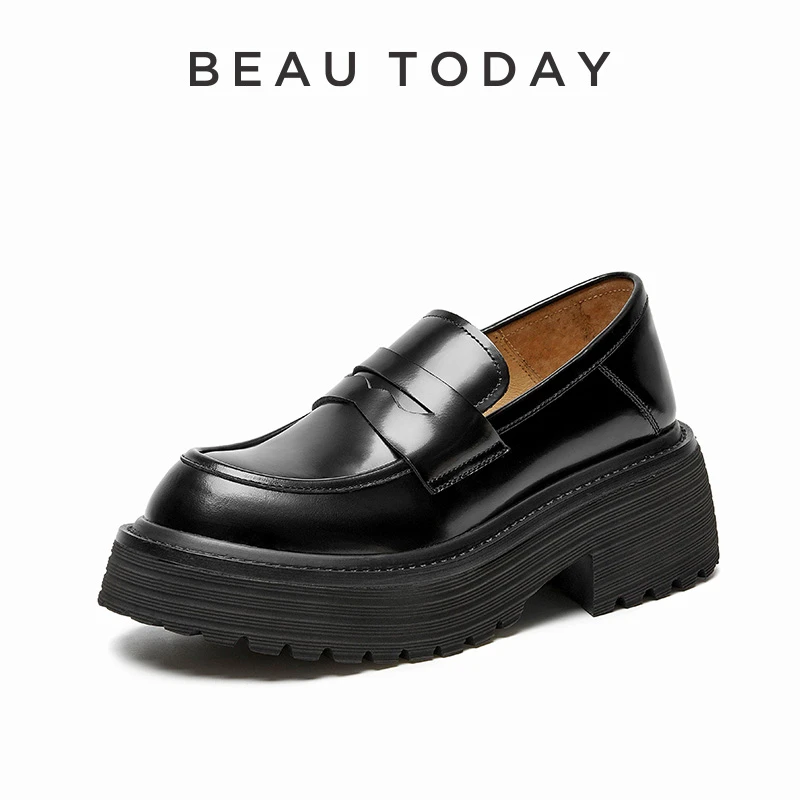 BeauToday厚底乐福鞋女鞋春秋单鞋粗跟增高英伦风小皮鞋真皮黑色