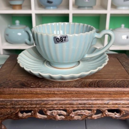 杯087天青釉菊瓣咖啡杯无纹不开片微瑕福利款