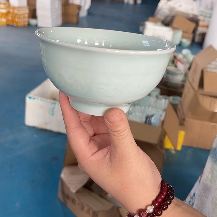 瓷片青瓷五英寸八宝浮雕米饭碗六个,微瑕包邮