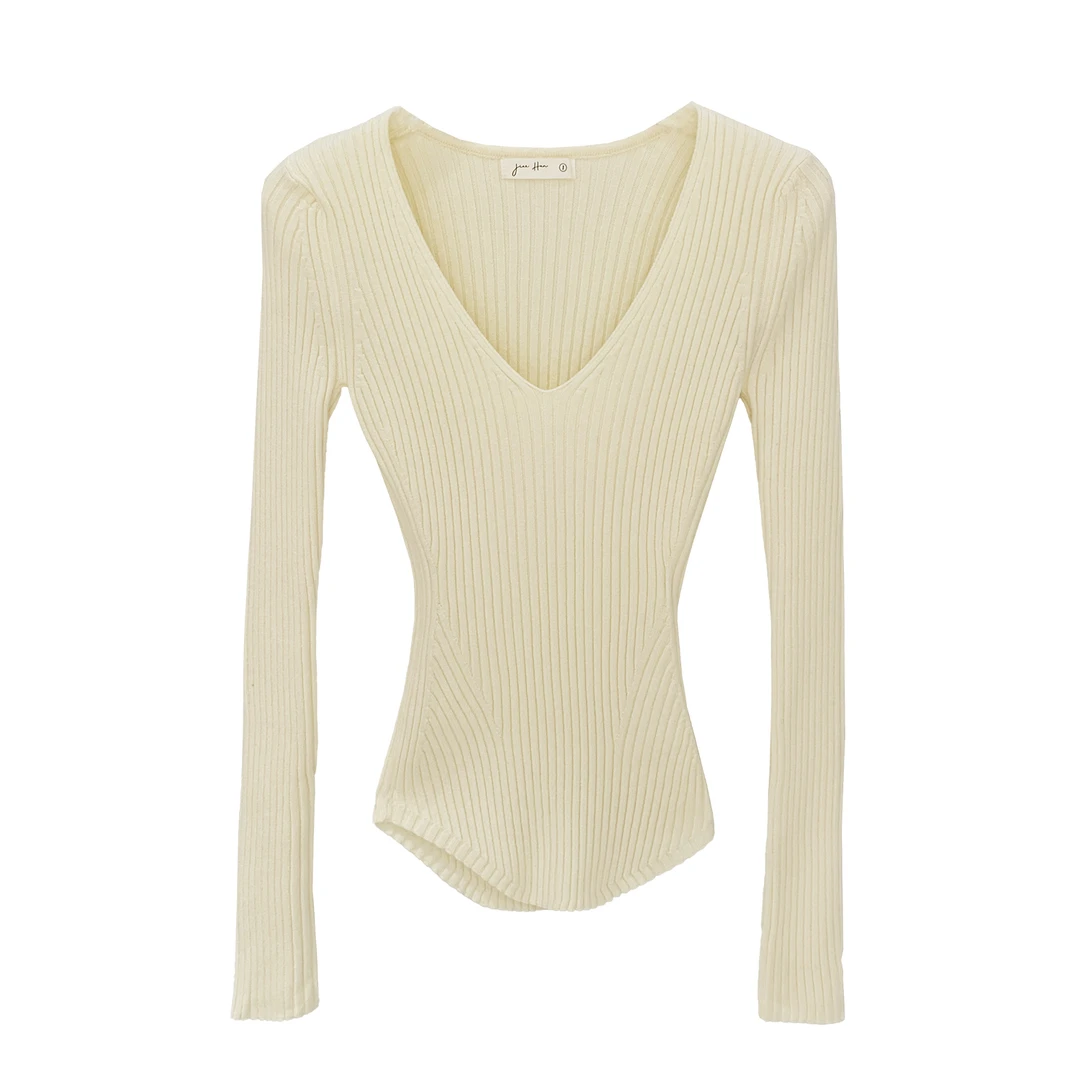 hello现货坑条V领内搭打底针织衫女秋季2025新款极简高级感长袖上