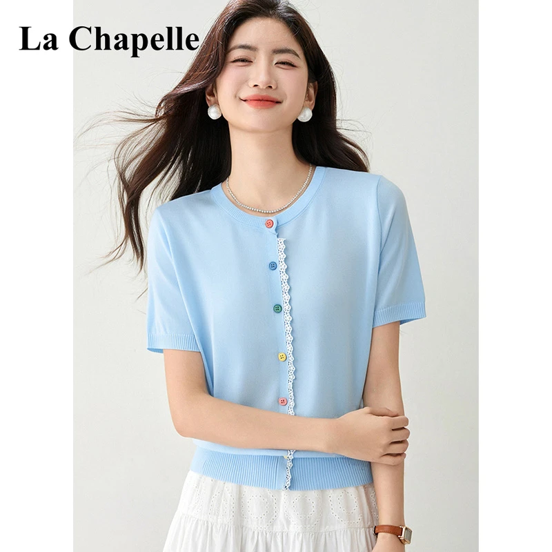 拉夏贝尔冰丝针织衫正肩短袖t恤女夏季新款修身polo衫短款上衣潮