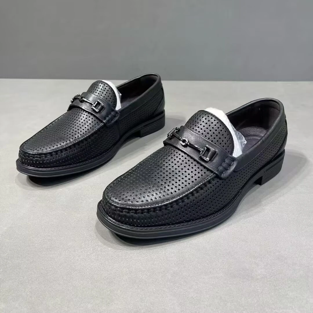高档男士皮鞋夏季镂空透气真皮爸爸鞋一脚蹬百搭商务休闲豆豆皮鞋