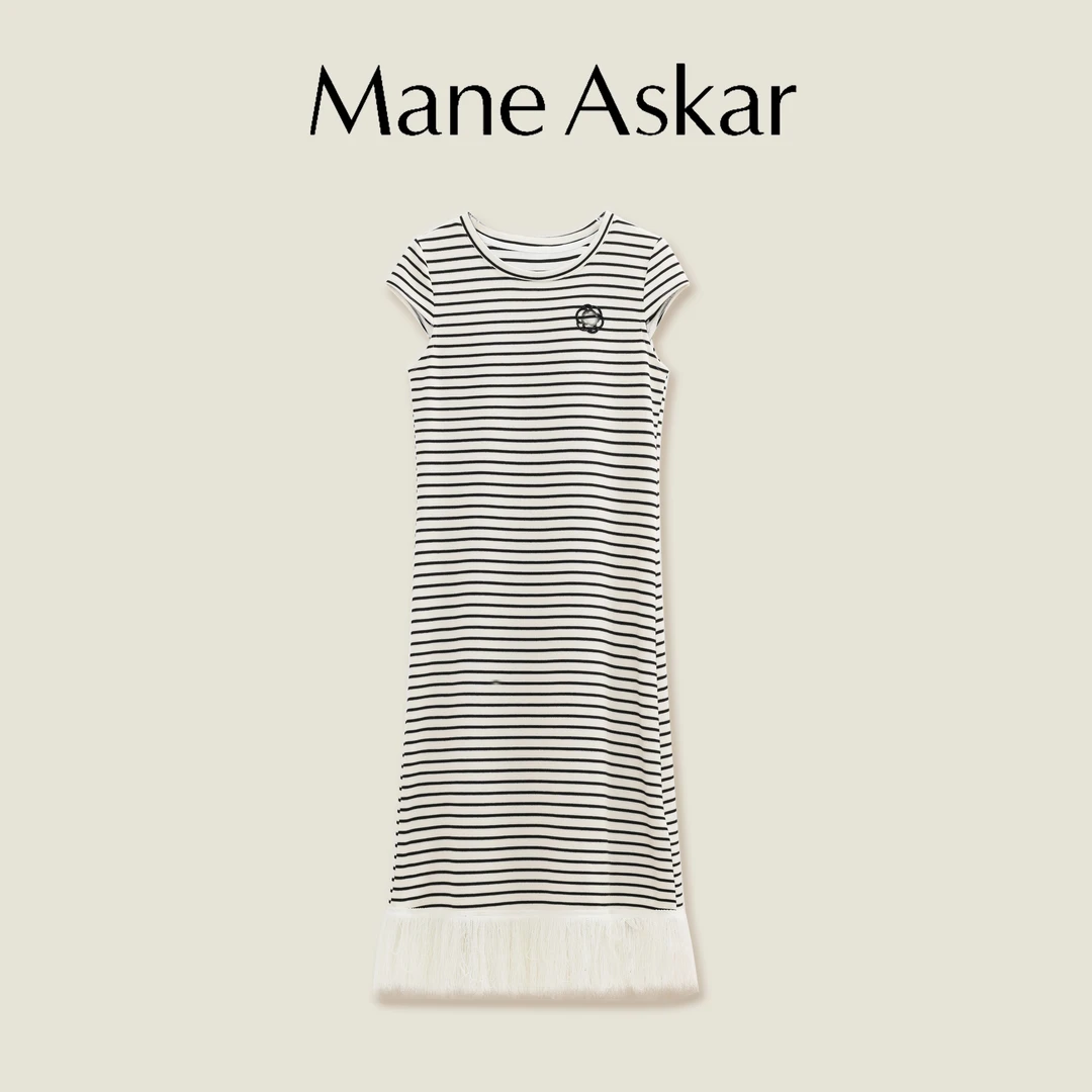 条纹针织连衣裙女夏装新款复古法式长裙OK0008