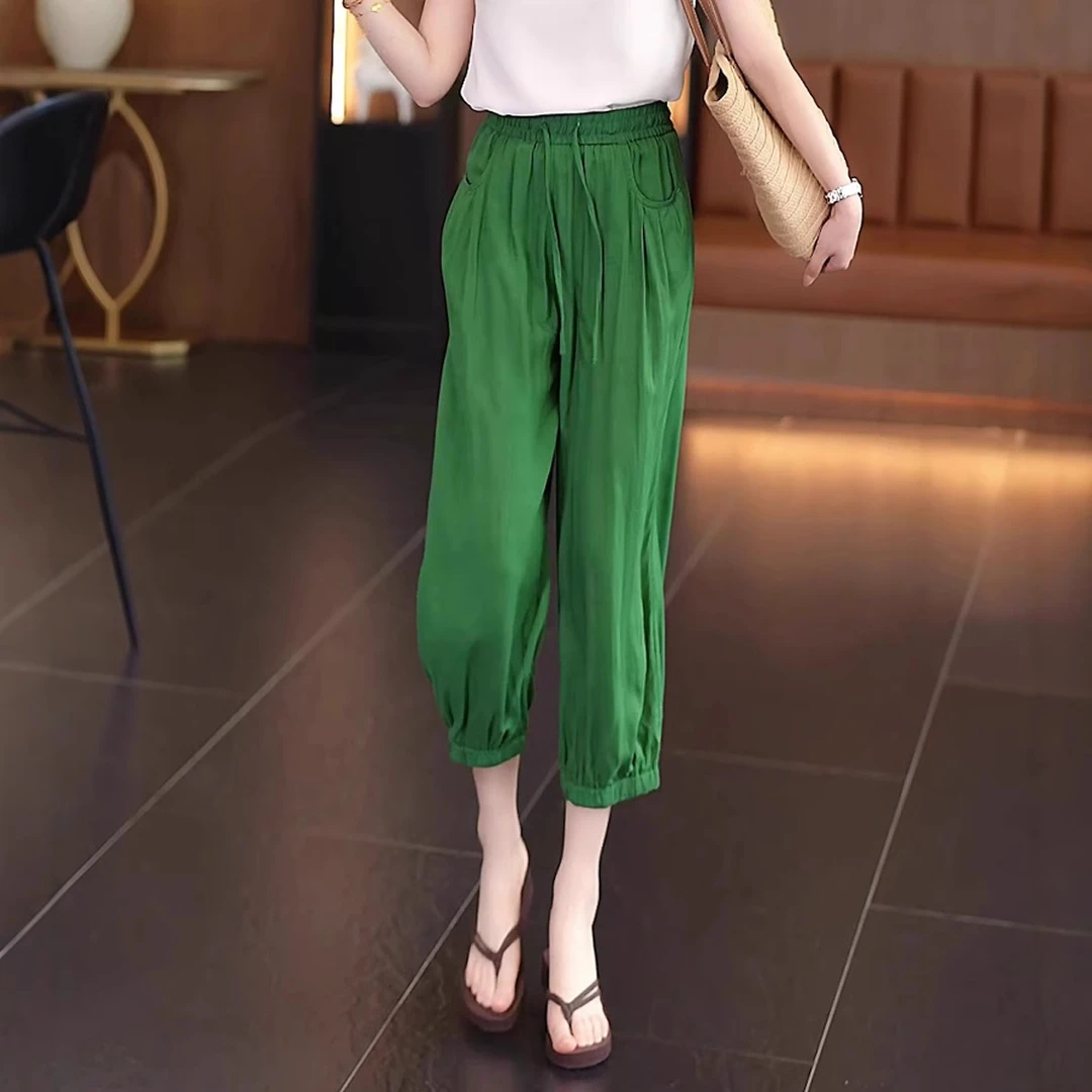 亚麻气球裤女夏季薄款2025新款八分裤子高腰小个子透气哈伦休闲裤