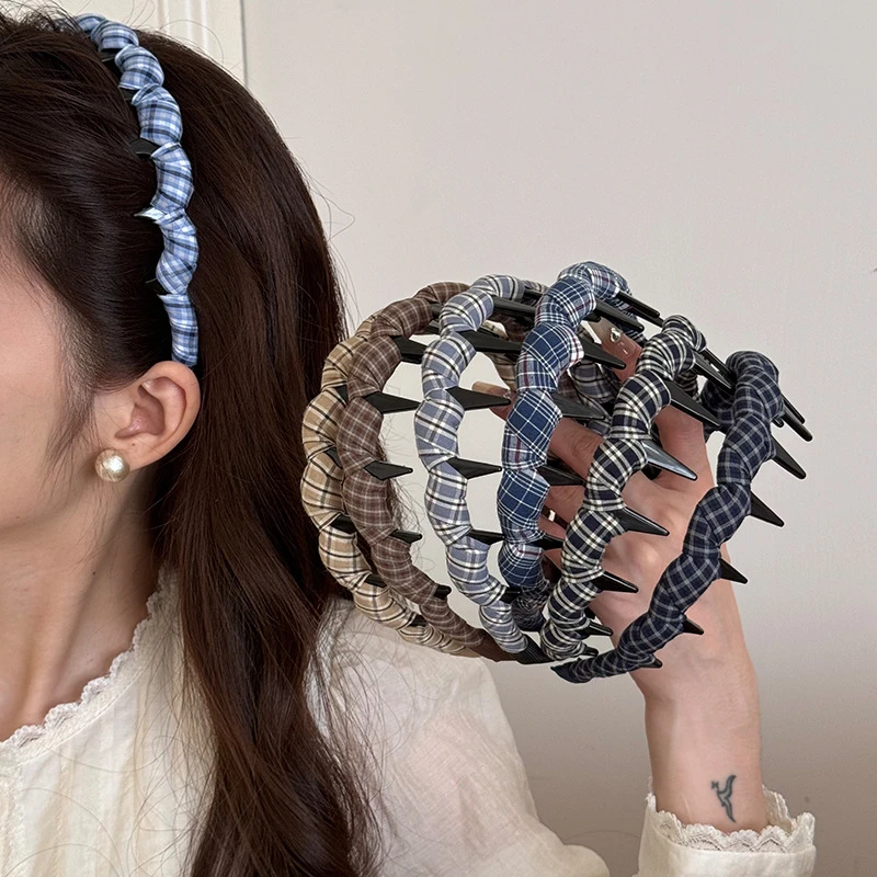 韩版简约格子裹布格纹带齿波浪发箍女百搭外出压发头箍网红发饰品