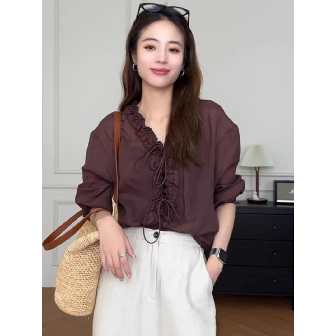 欧货高端大牌木耳系带设计感长袖衬衫2025夏季亲肤时尚小衫上衣女