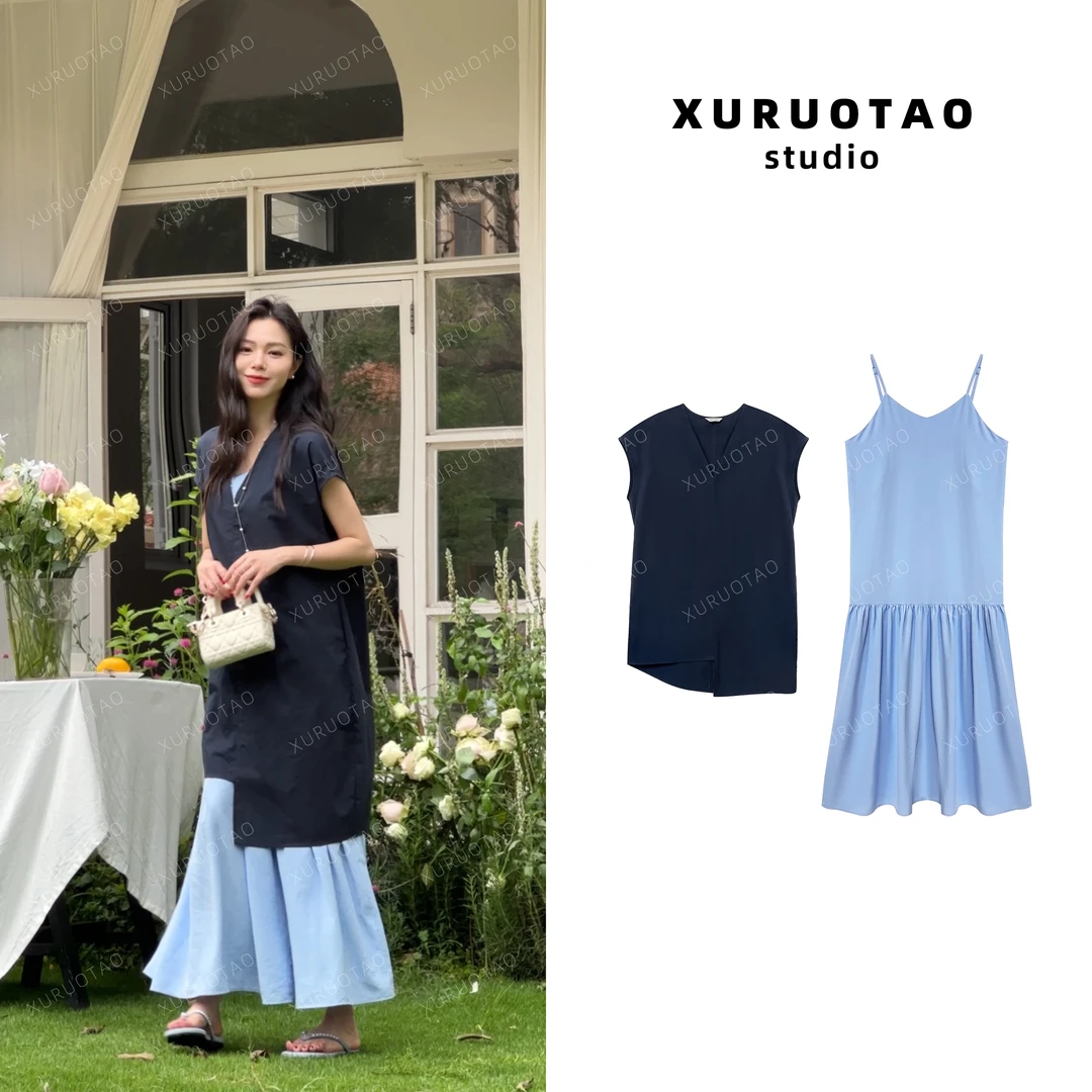 XURUOTAO 【晚风与海】设计感显瘦连衣裙罩衫两件套套装 T5246