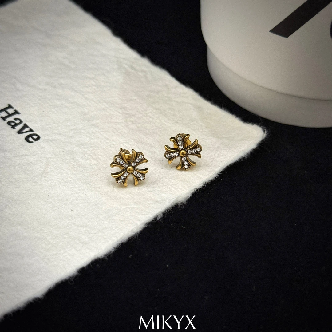 mikyx 铜合金合成锆石耳饰 古铜色十字克克耳钉B565