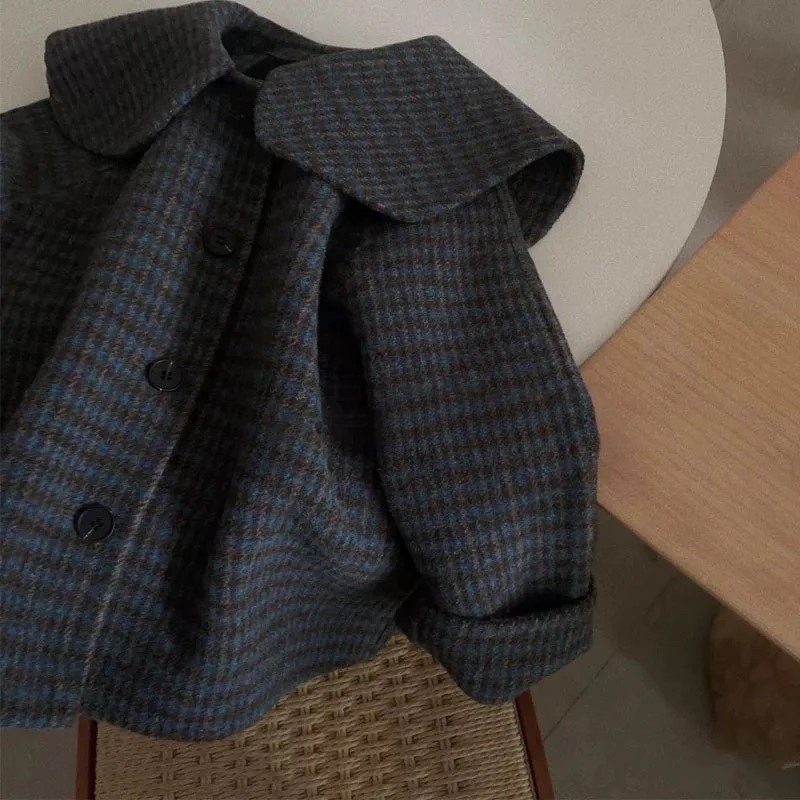 女童格子秋冬装韩国童装呢子儿童翻领休闲短款海军领外套上衣外套