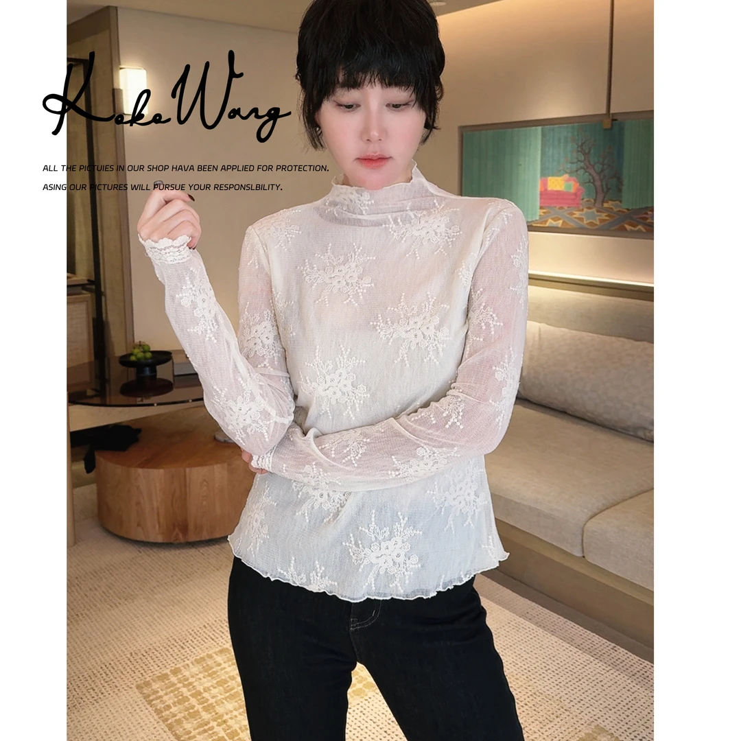 KOKO WANG秋冬新款法式手绣梨花线条裁剪高领打底衫 N0685J14T51