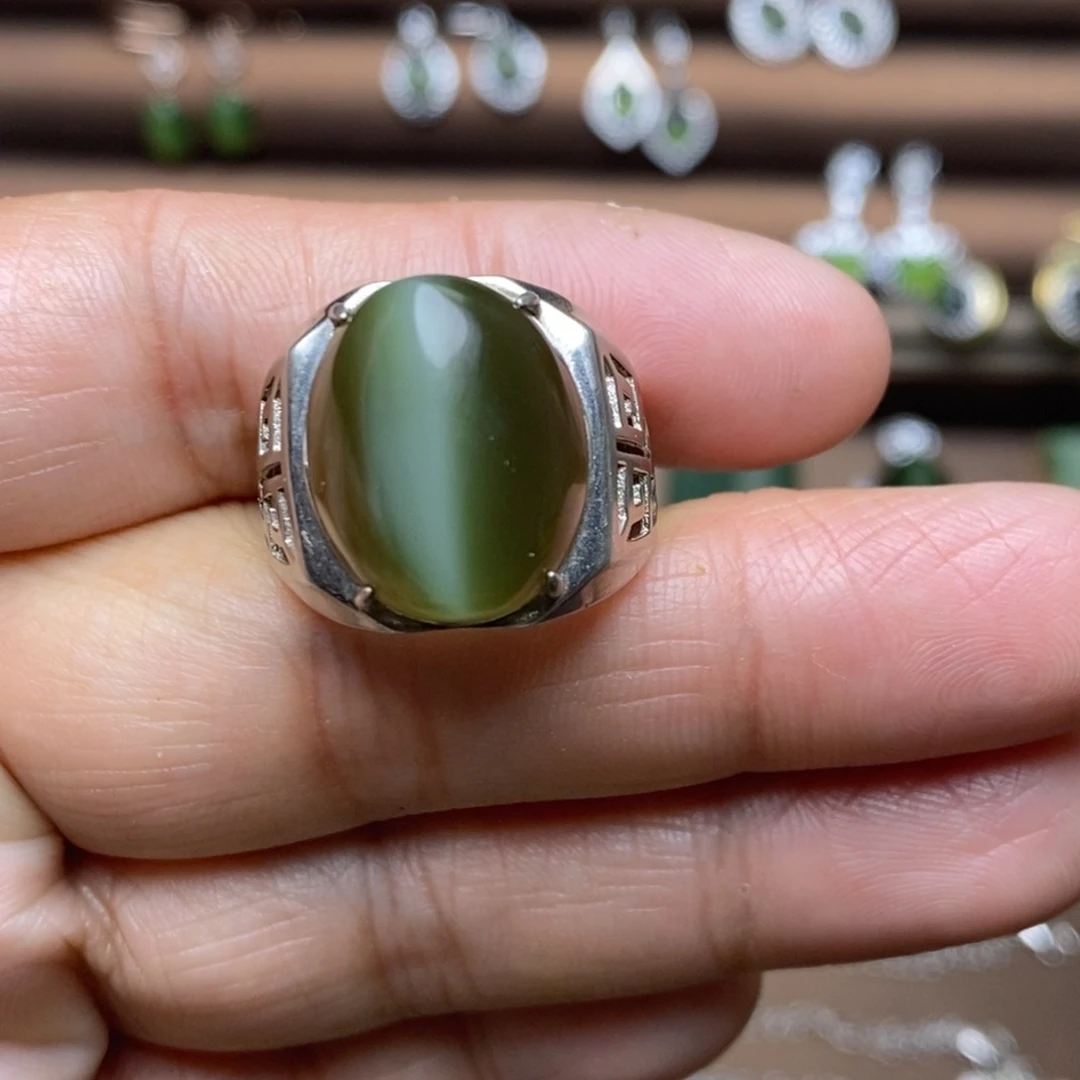 吊坠(不含链)银S925镶嵌和田玉（碧玉）戒指