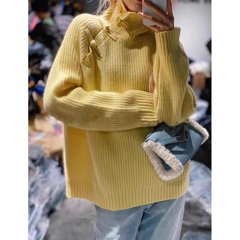 FA01865新中式盘扣奶fufu黄色毛衣女设计感中国风高领宽松针织衫