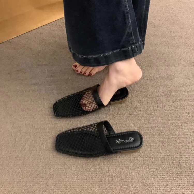 黑色方头复古小众包头半拖鞋女2025年新款编织透气一脚蹬穆勒单鞋