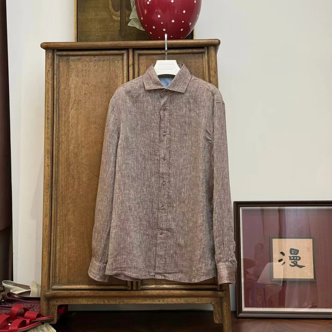 MYL 2025年夏季新款软亚麻花咖衬衫休闲百搭纯色翻领衬衫男女同款