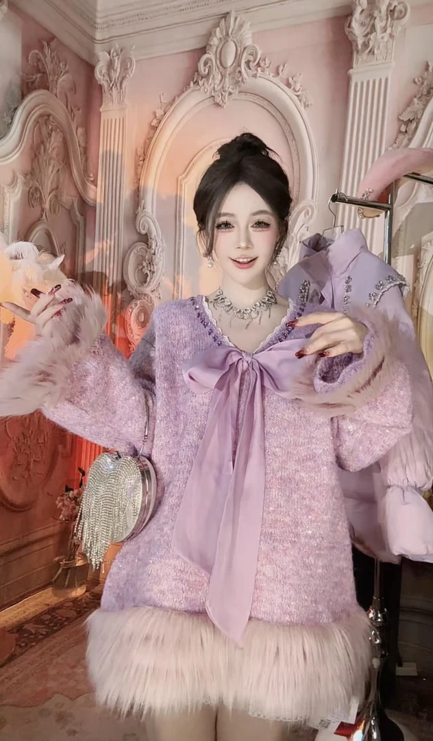 【崔】M0120蕾丝边V领毛毛拼接蝴蝶结丝带慵懒风毛衣