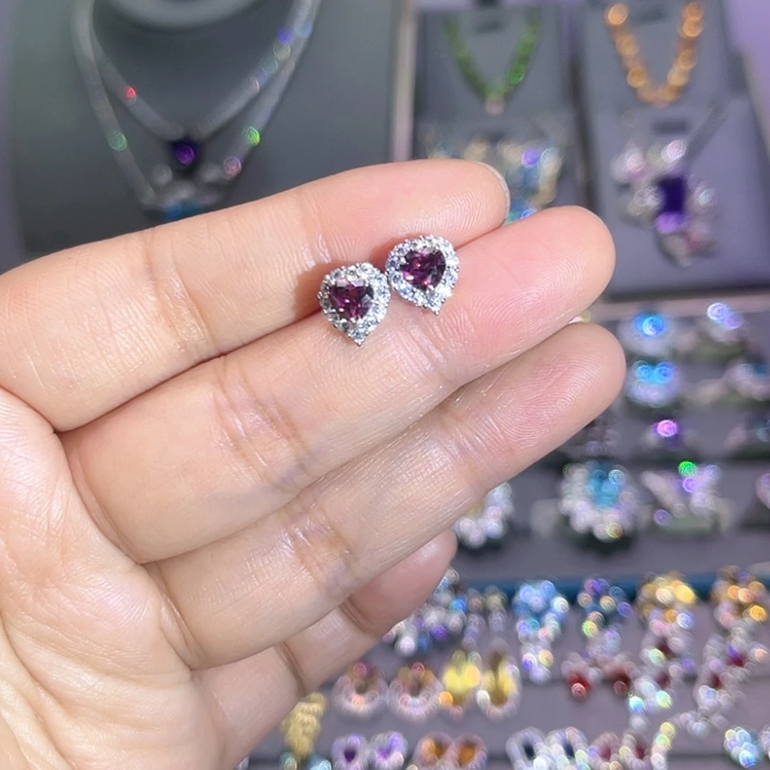 【闪购商品】石榴石（紫牙乌）耳饰银S925镶嵌