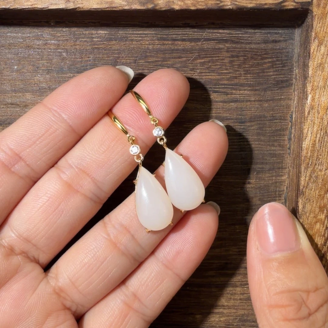 和田玉银S925镀金镶嵌耳饰