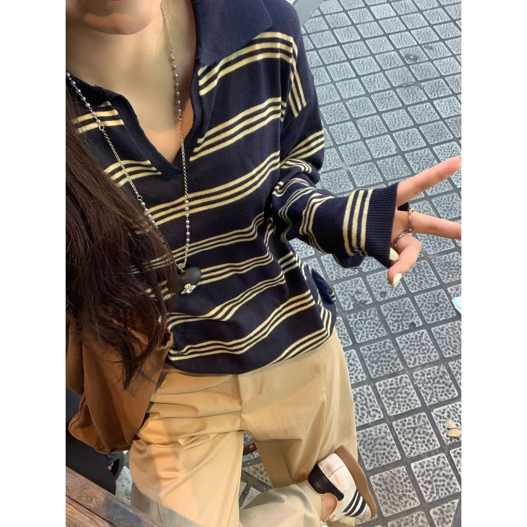 YO定制休闲慵懒风宽松翻领条纹针织衫秋季韩系时髦复古长袖上衣