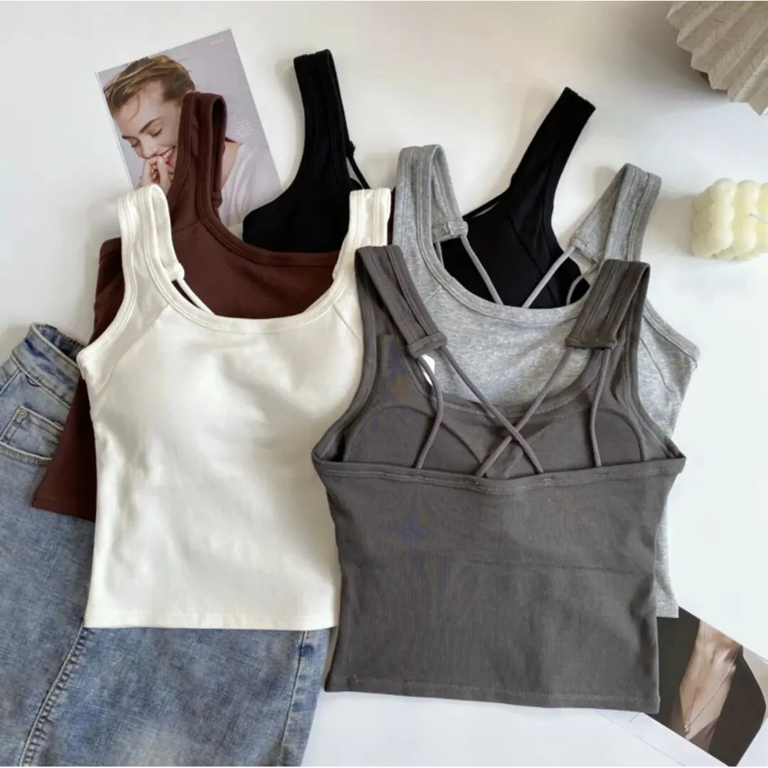 韩版交叉吊带背心女辣妹百搭外穿内搭修身短款带胸垫打底无袖上衣