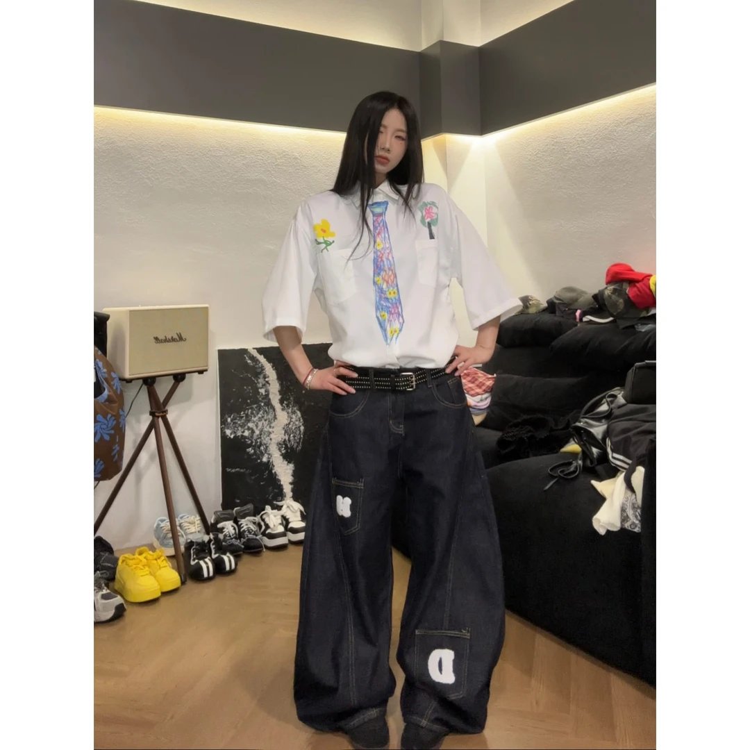 设计感夏季大码慵懒松弛感牛仔裤子男女夏辣妹字母印花弯刀拖地裤