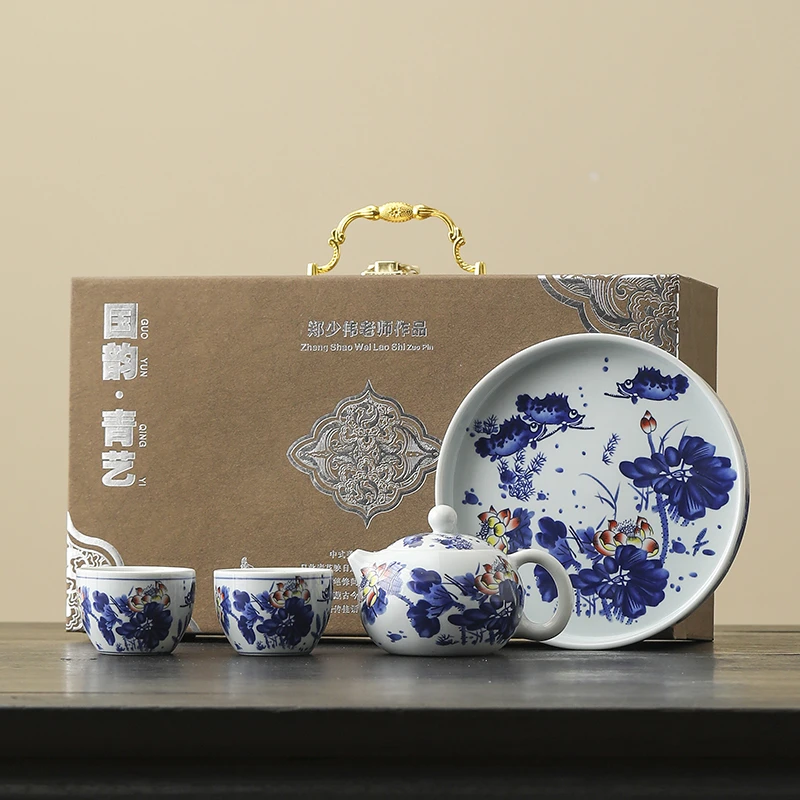 复古青花荷韵盖碗茶杯茶壶功夫茶具套装送长辈客户商务伴手礼盒装