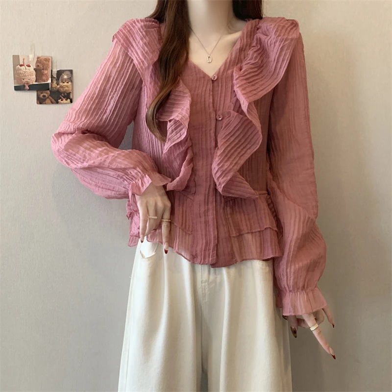 2025春季新款法式荷叶边雪纺长袖衬衫大码女装胖妹妹显瘦遮肉上衣