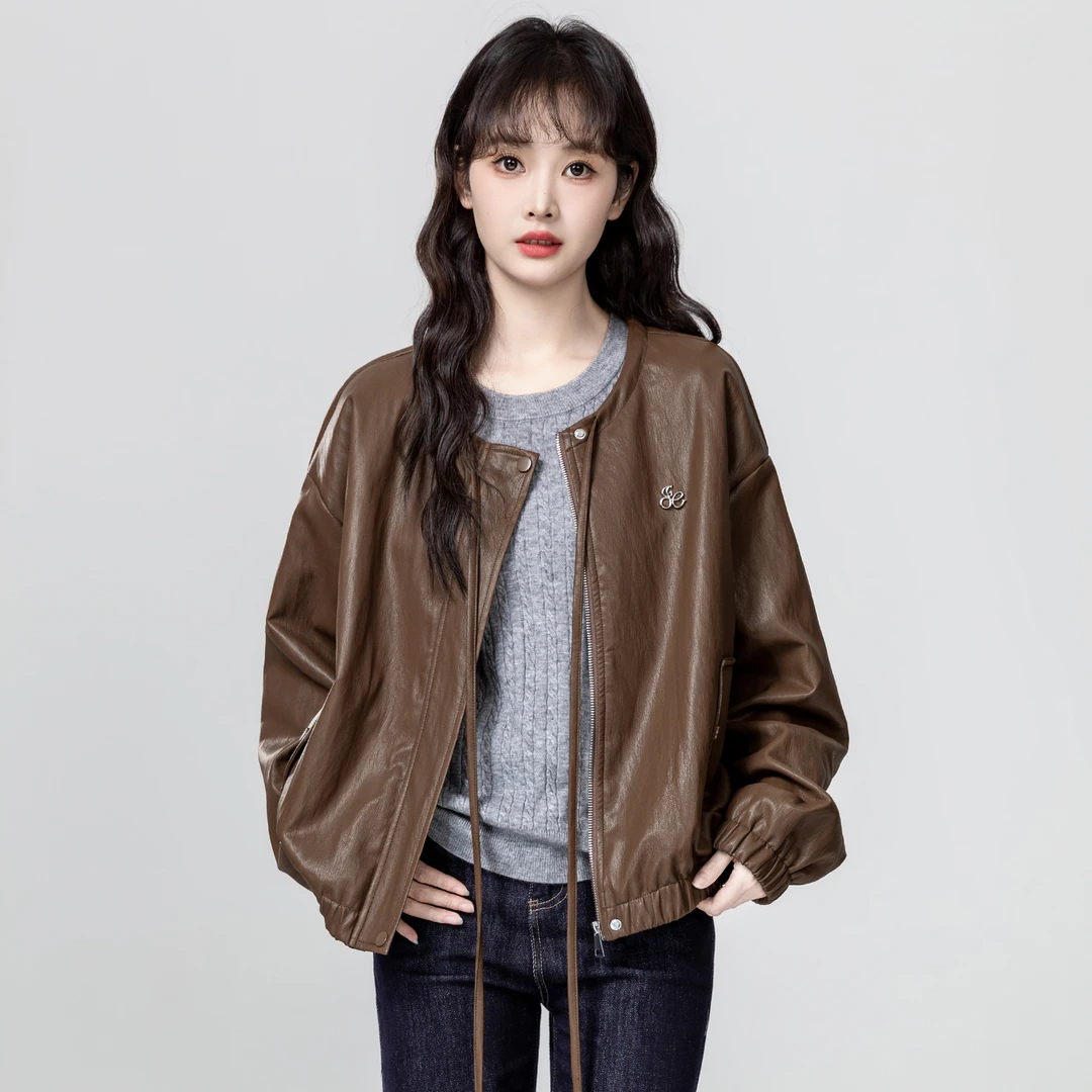 棕色复古皮衣外套女春秋2025秋季新款休闲宽松PU皮夹克开衫上衣潮