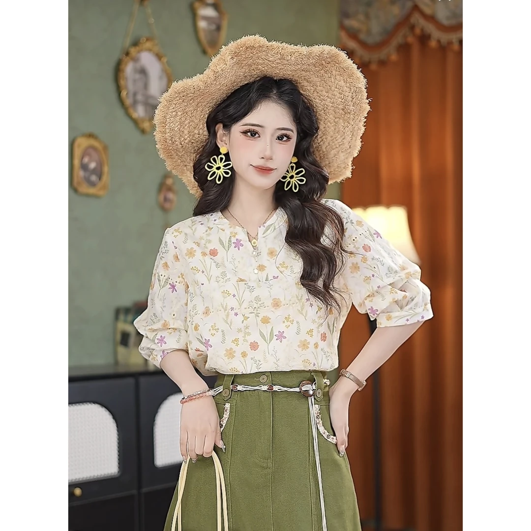小小港风  夏季凉快小众设计显瘦气质时尚甜美碎花衬衫#4090