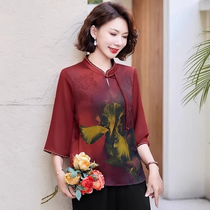 妈妈夏装国风套装中老年人春夏洋气小衫上衣女奶奶夏天衣服两件套
