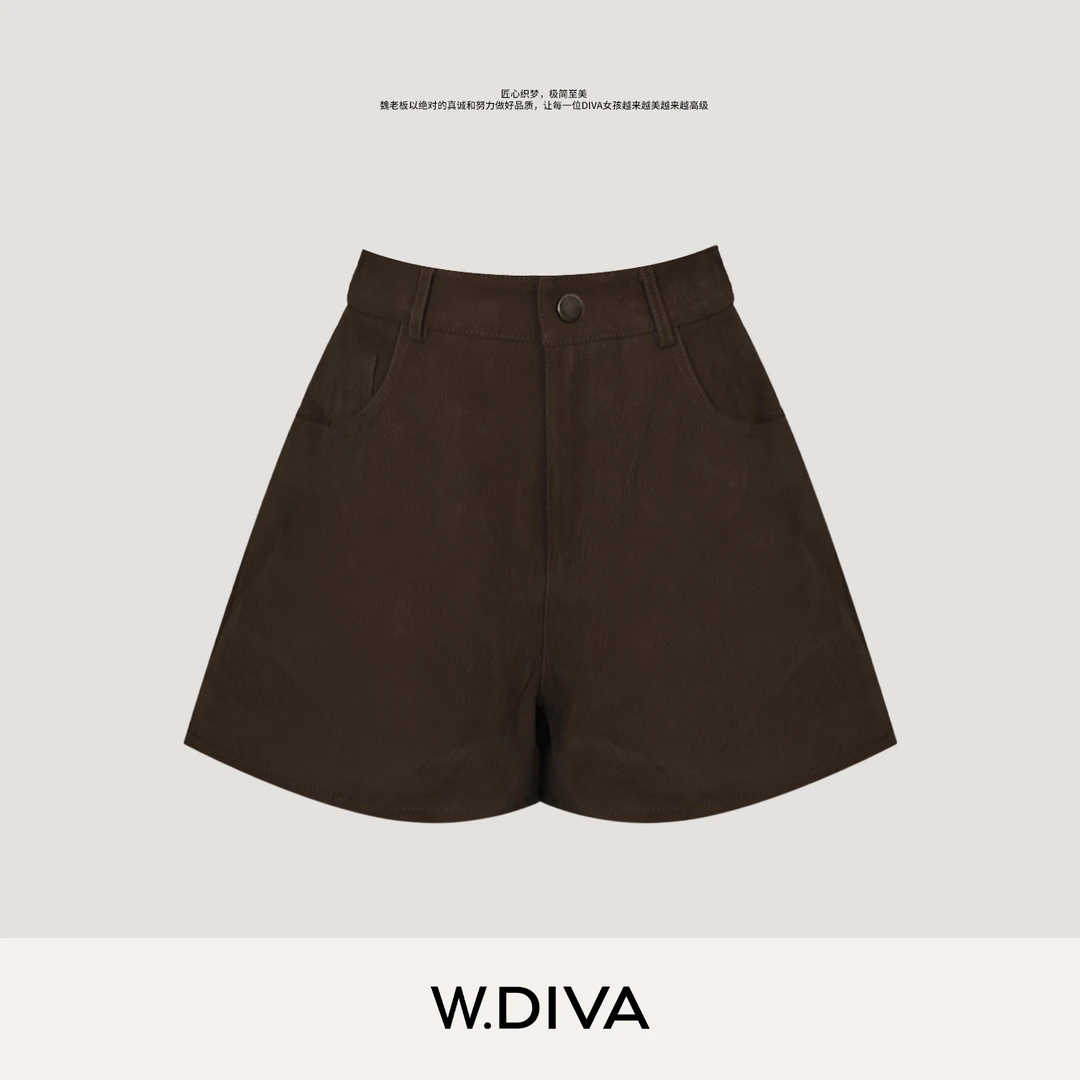 W.Diva【慕斯】双色山羊鹿绒皮阔腿短裤痞帅炸街风女装53K102610