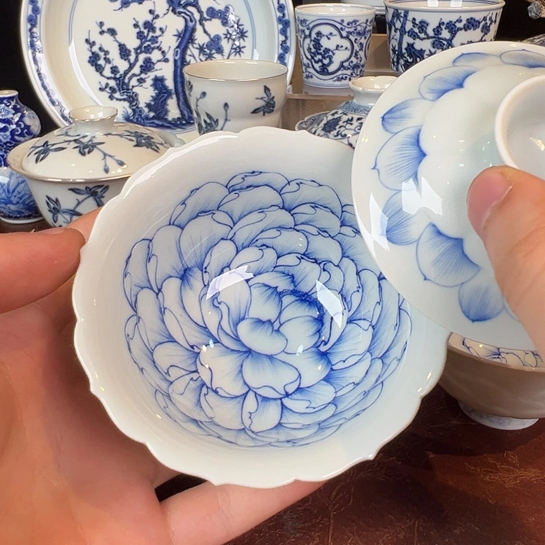 杯子青樵轩花开灿烂雕刻盖碗