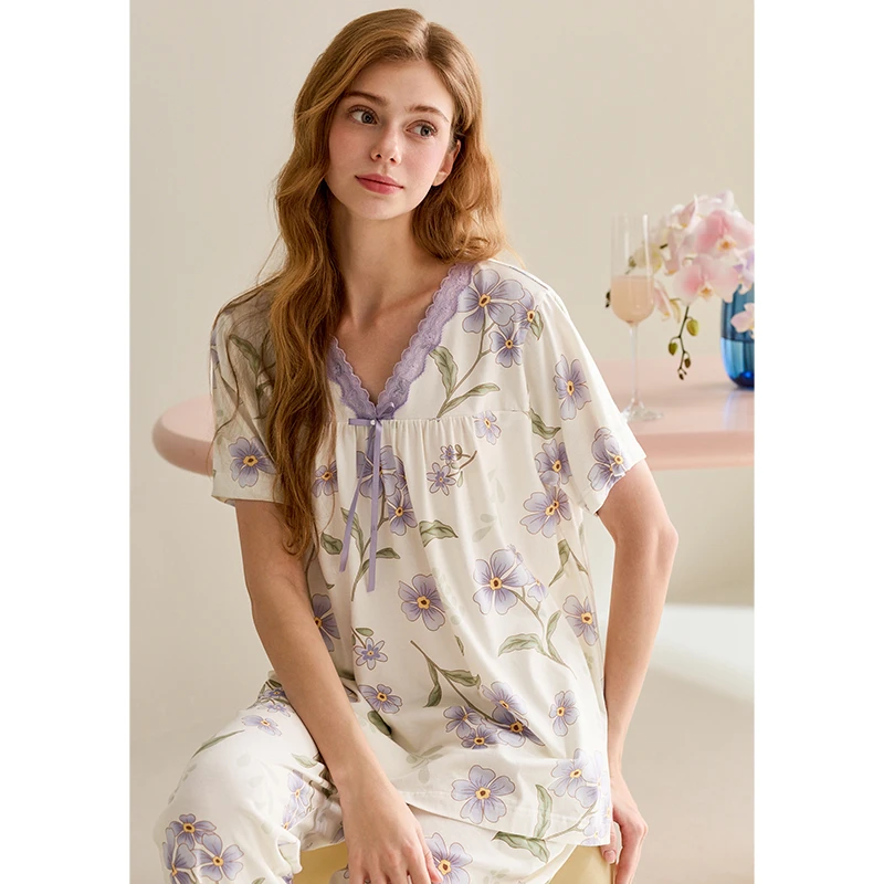 芬腾纯棉长袖女款夏季新款睡衣女V领休闲加大码可外穿家居服套装