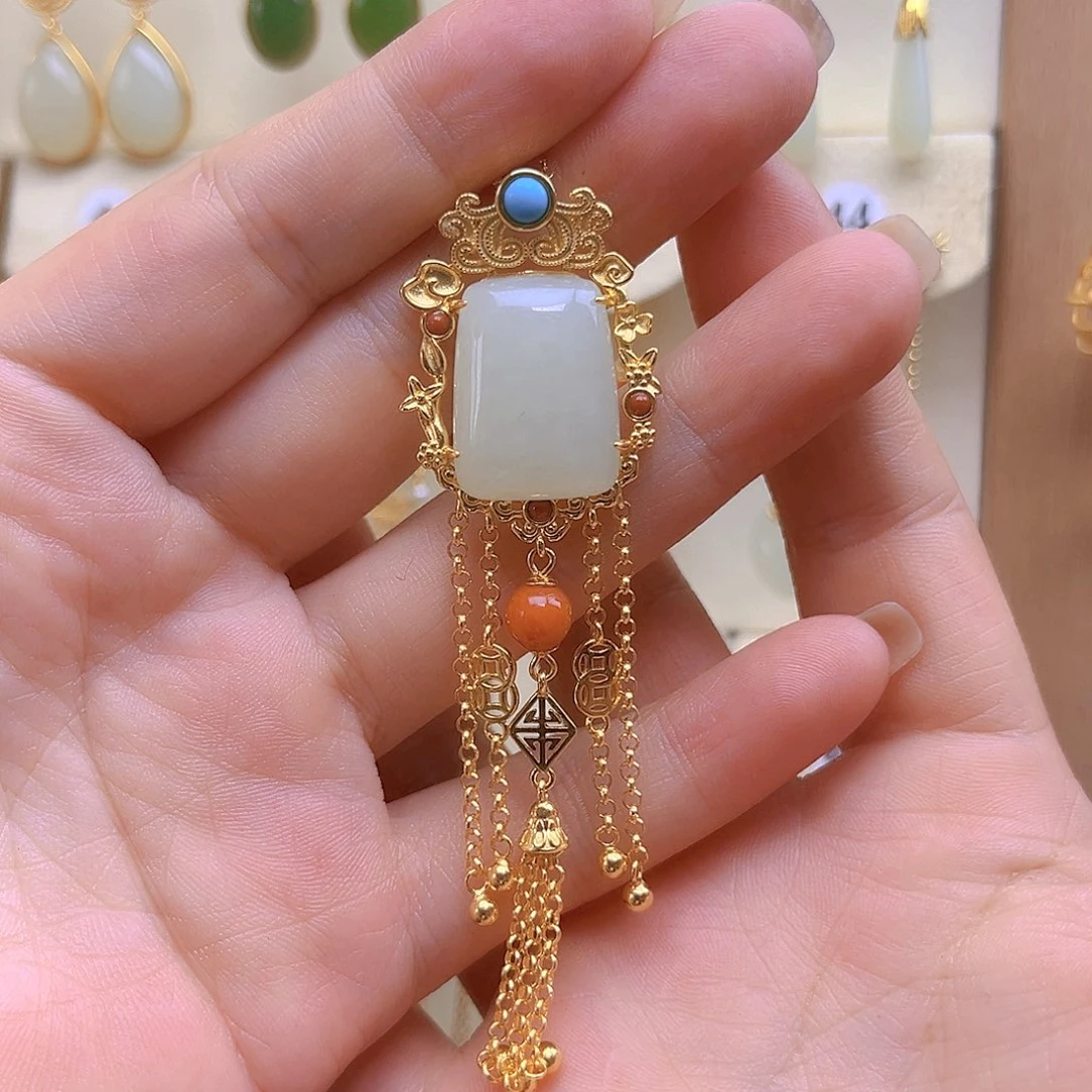 和田玉银S925镀金镶嵌颈饰