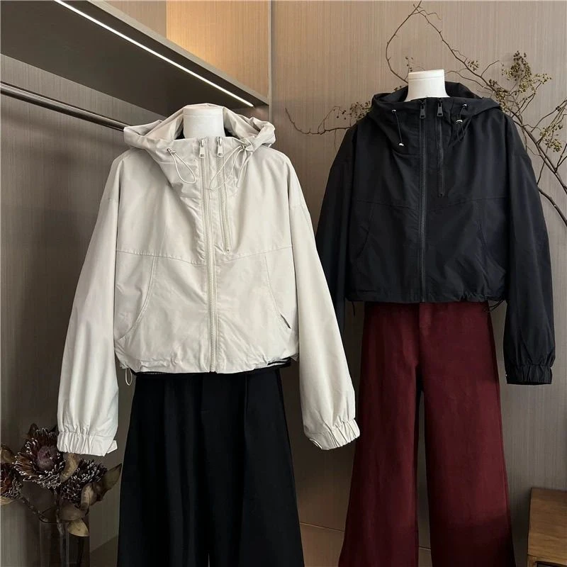 春秋新款双拉链夹克女潮流帅气纯色简约百搭薄款上衣小个子外套