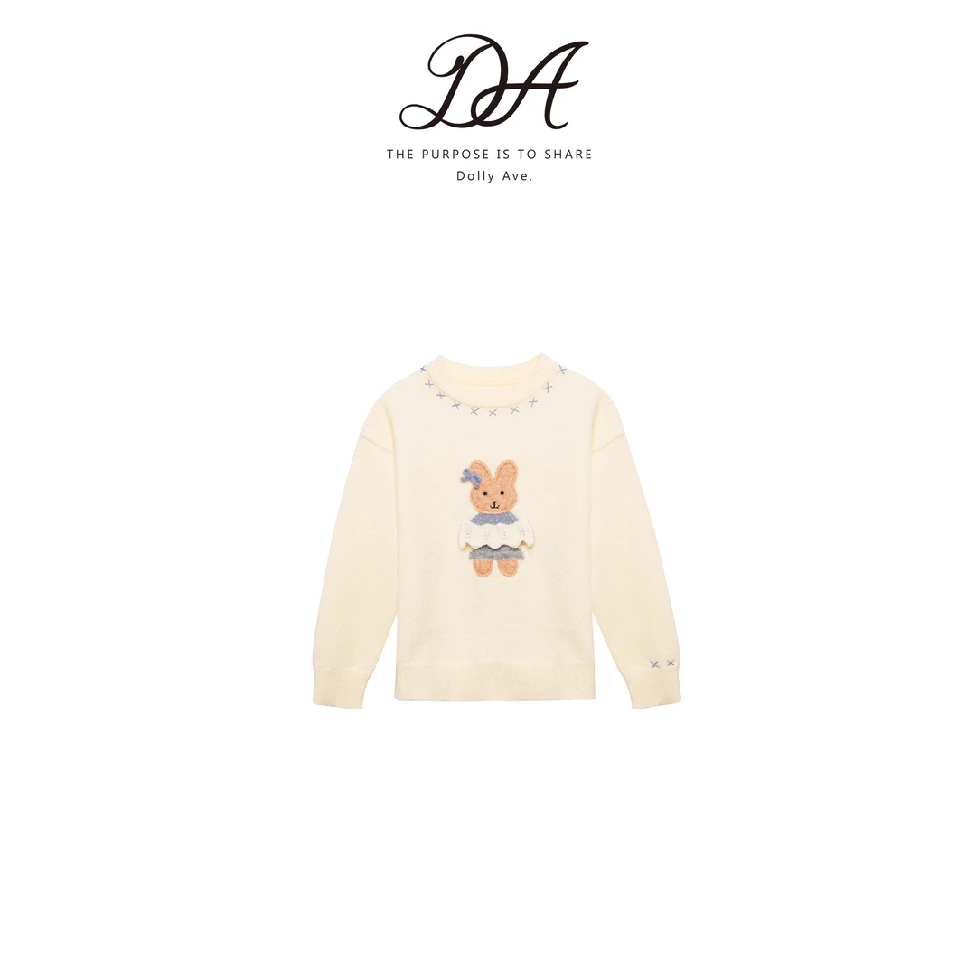 Dolly Ave「少女系列」甜美绵羊毛混纺手工刺绣小兔女童秋冬毛衣