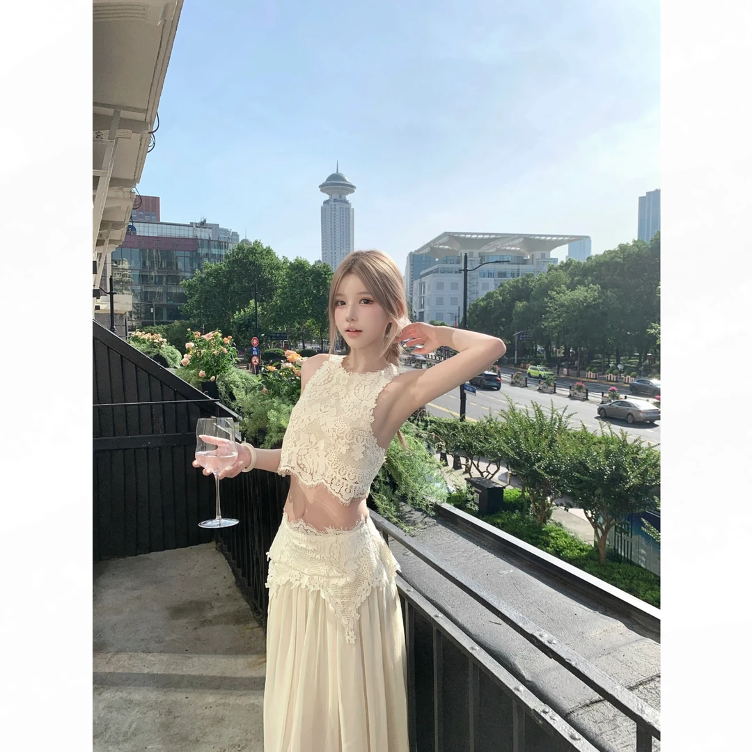 【卢浮幻境】优雅甜美精致睫毛蕾丝上衣+长裙套装女