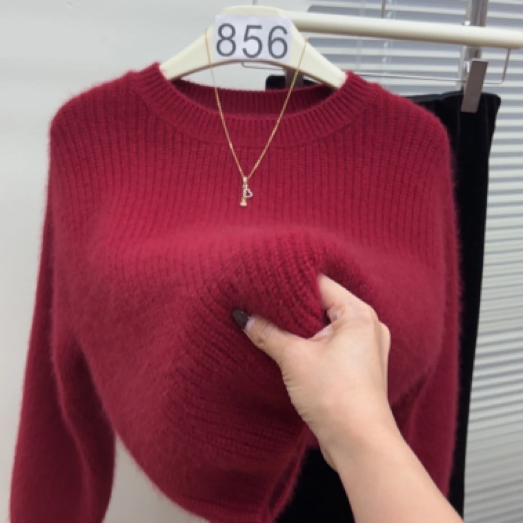 圆领】酒红色亮丝韩版慵懒风微宽松时尚显瘦百搭女士全羊毛衫2-24