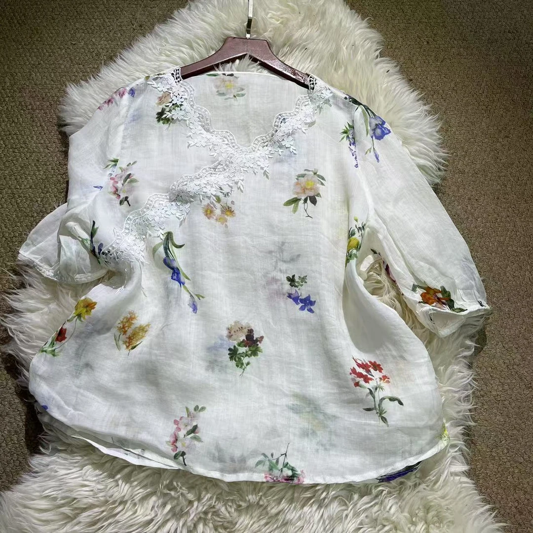 50728 国风苎麻夏季蕾丝刺绣斜襟印花中袖V领上衣衬衫
