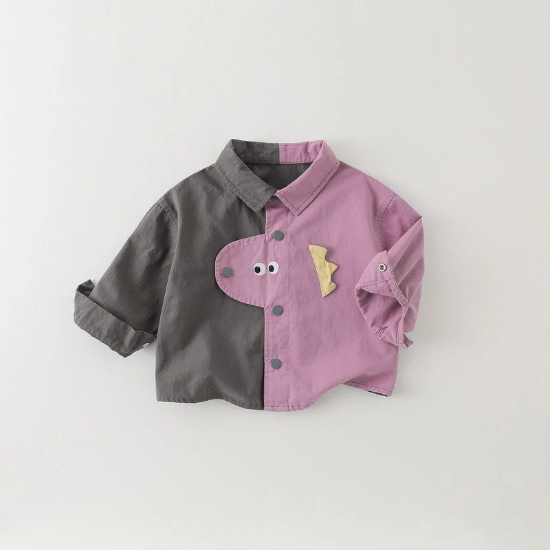 儿童衬衫春秋男童长袖韩版卡通撞色拼接上衣中小童翻领薄款外套潮
