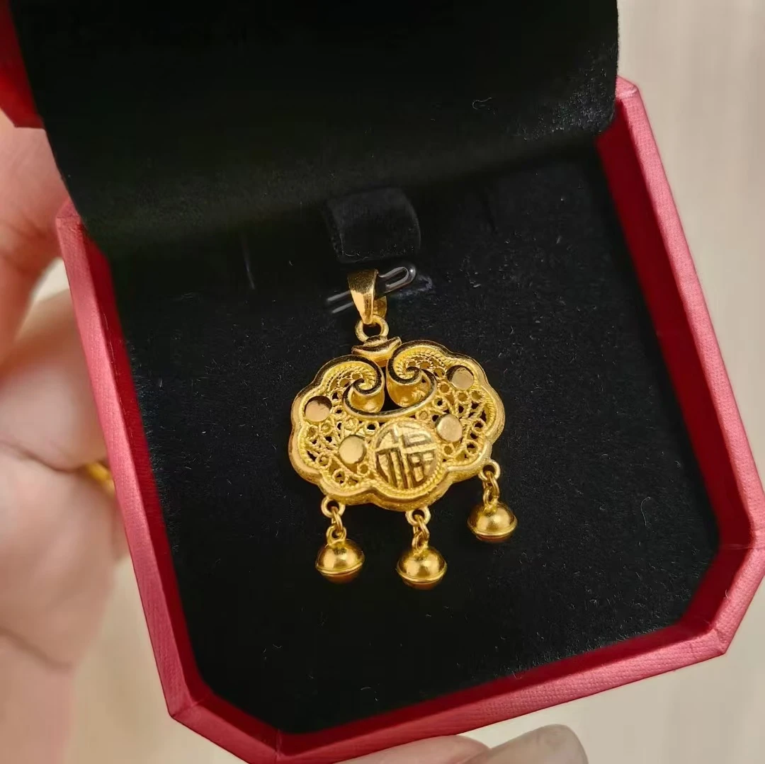 足金999古法锁吊坠复古双面实心传承精美吉祥福牌本命年手工时尚