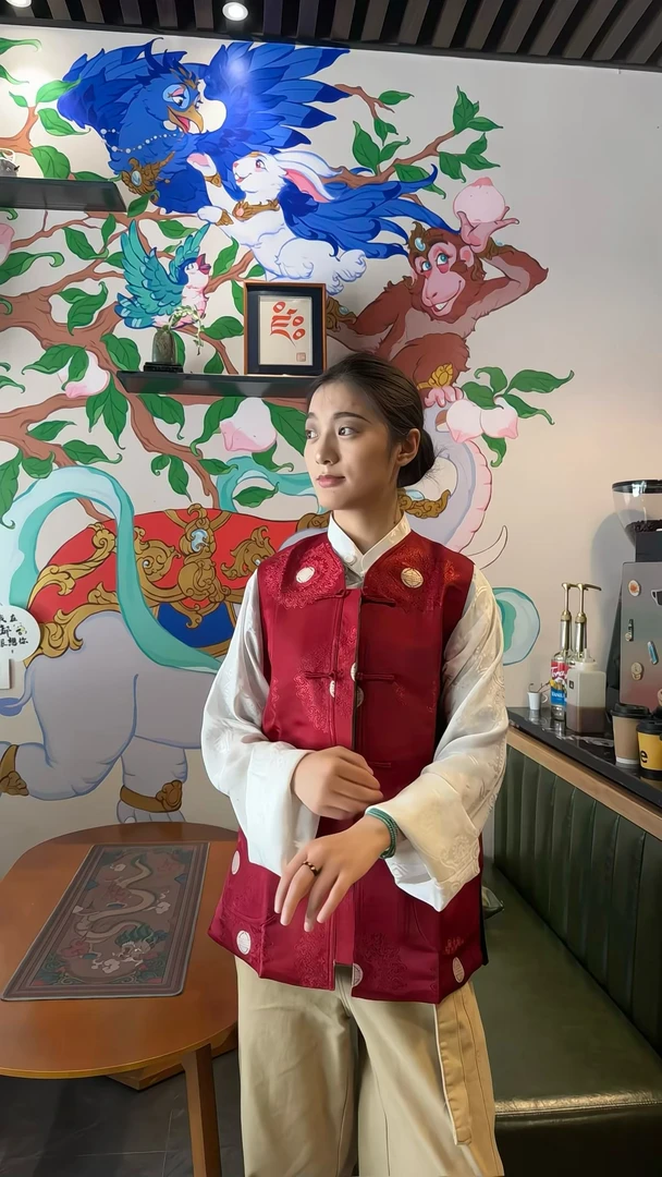 单排扣常规背带薄款夏季短款马夹套装红色夏季款