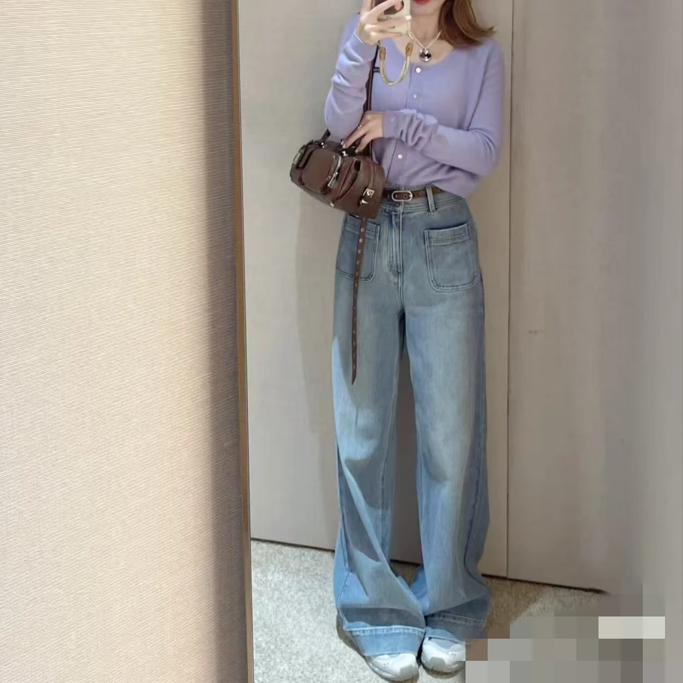 SZSALI 定制秋季新款高腰显瘦百搭浅蓝色阔腿牛仔裤