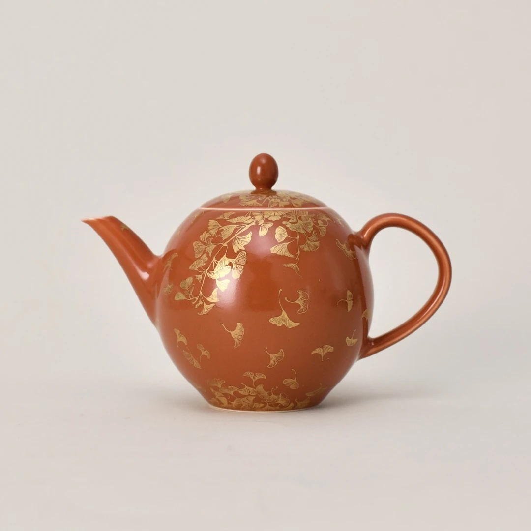 九段烧妙手燔功佛赤银杏壶景德镇高端手绘描金茶壶送礼茶具210ml