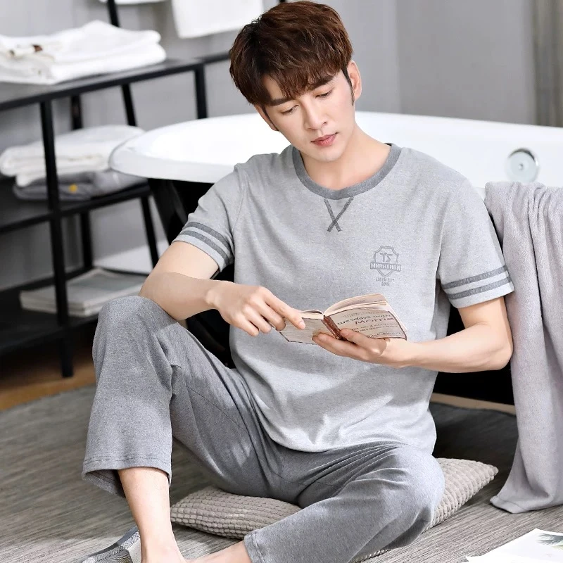 睡衣男夏季新款纯棉短袖长裤简约休闲运动风家居服套装（YS字母）