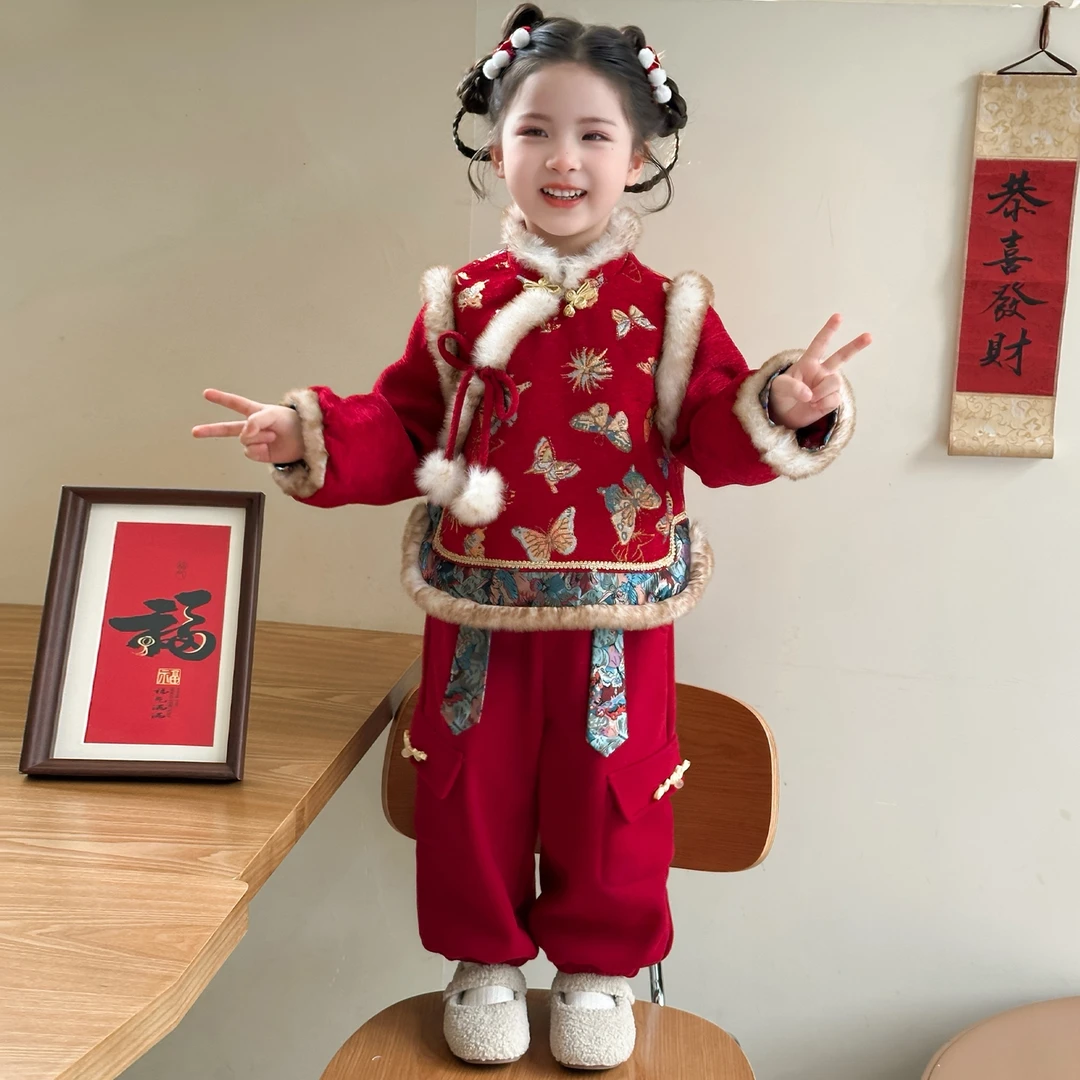 新年战袍女童新中式国风套装汉服冬装儿童女宝红色过年衣服拜年服
