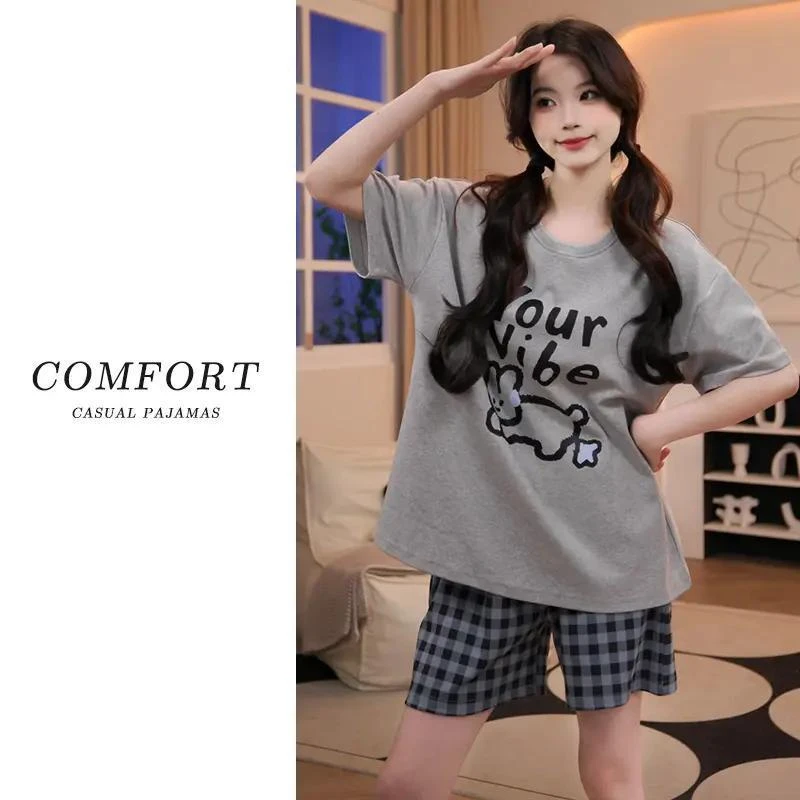 纯棉睡衣女2025年新款夏季带胸垫卡通短袖短裤夏天薄款家居服套装