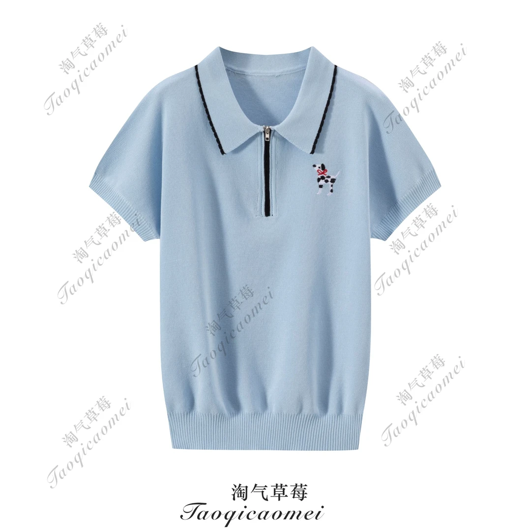 polo领半拉链冰丝针织衫透气撞色刺绣设计感百搭小衫