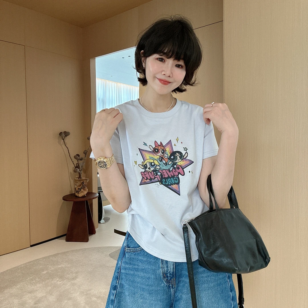 春夏新款时尚圆领卡通字母印花短袖T恤