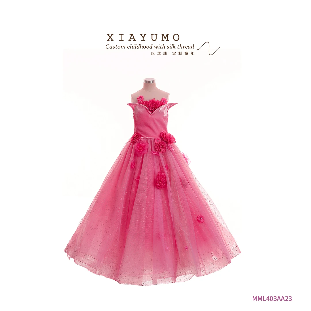 夏羽墨女童夏季新款粉色无袖不规则花朵礼服走秀主持公主裙